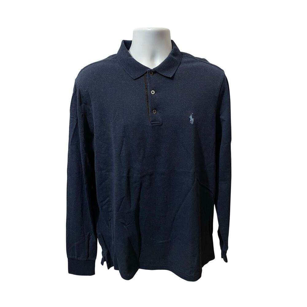 Polo Ralph Lauren Blue Long Sleeve Polo Custom Slim Fit Suede Button Flap Large